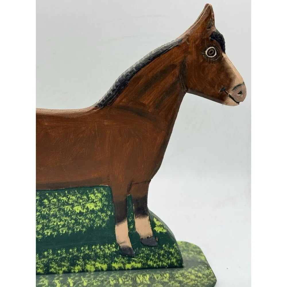 Vintage 1989 Menno Shirk Folk Art Wood Carved Brown Horse 9.5” w/ Signed Base
